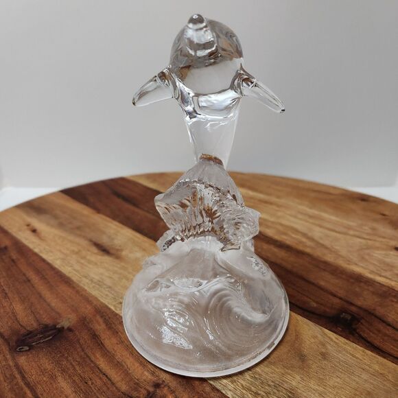 Dolphin Figurine clear glass frosted wave base - Picture 6 of 7